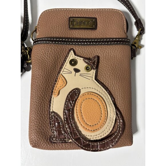 Chala Crossbody Cell Phone‎ Purse Cat Design In Brown Faux Leather - Picture 2 of 8